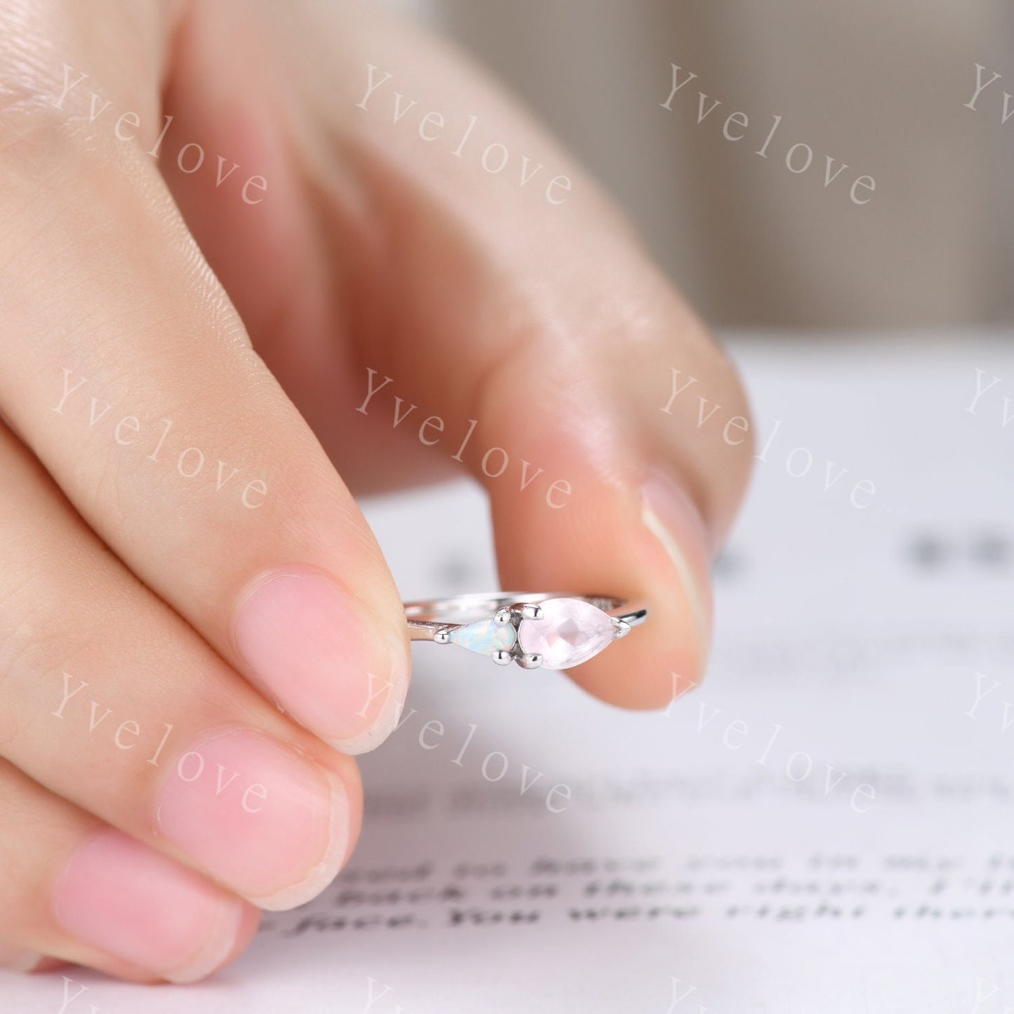 Vintage Rose  Quartz Opal Engagement Ring,Pear Cut Gems,Art Deco White Opal Wedding Band,Unique Women Bridal Promise Ring,Customized Gift