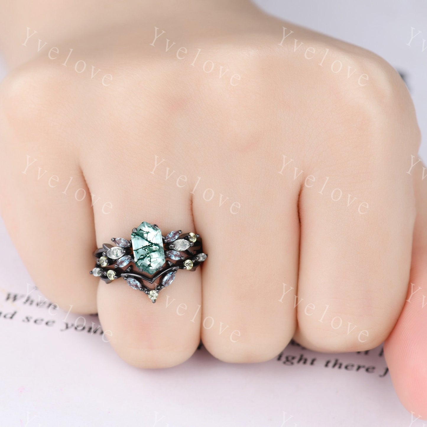Vintage Hexagon Moss Agate Engagement Ring,Silver Black,Alexandrite Peridot Ring,Women Bridal Set,Unique Twig Anniversary Promise Ring Gift
