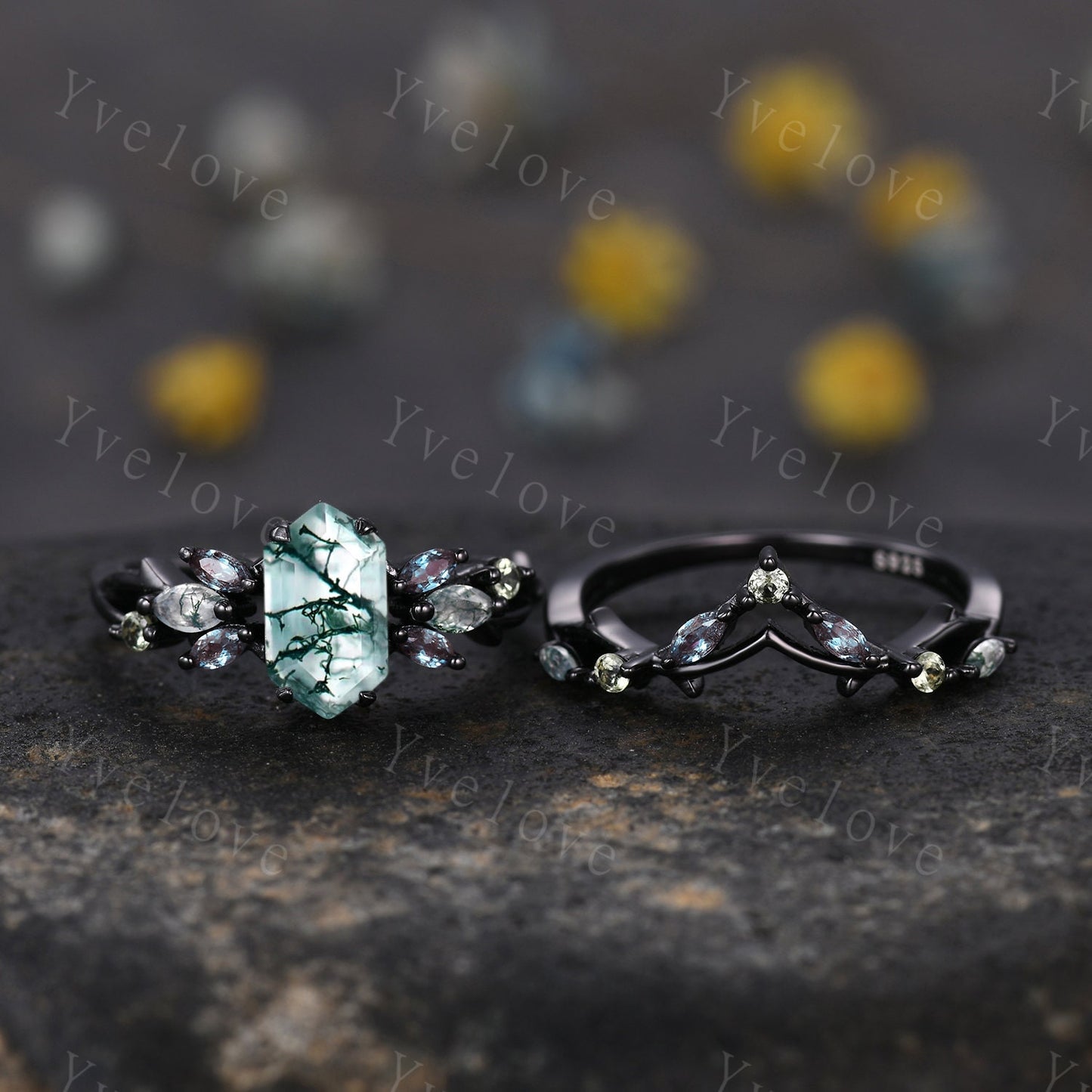 Vintage Hexagon Moss Agate Engagement Ring,Silver Black,Alexandrite Peridot Ring,Women Bridal Set,Unique Twig Anniversary Promise Ring Gift