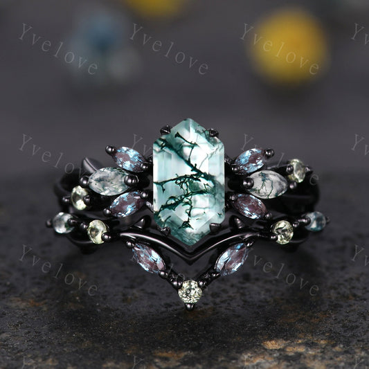 Vintage Hexagon Moss Agate Engagement Ring,Silver Black,Alexandrite Peridot Ring,Women Bridal Set,Unique Twig Anniversary Promise Ring Gift