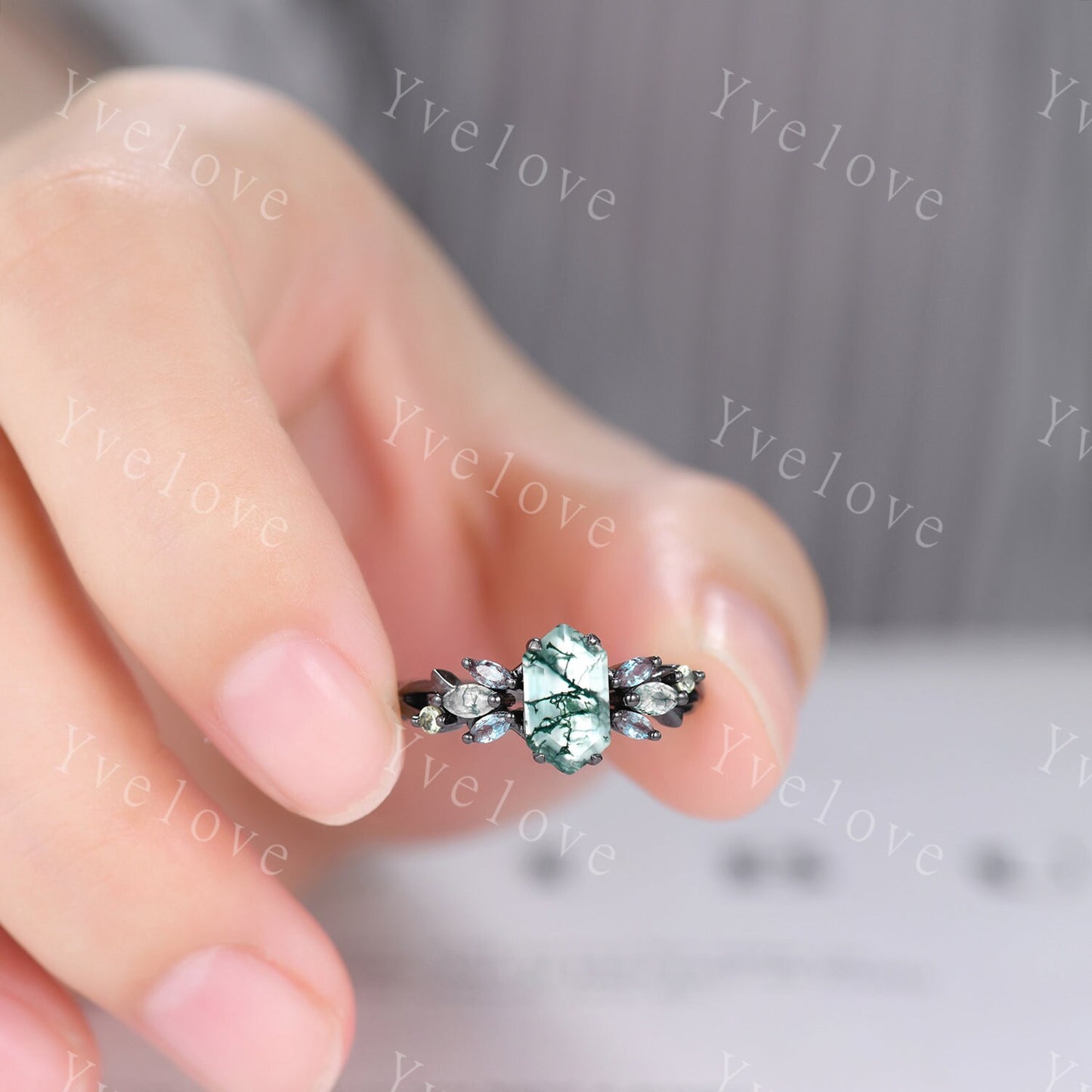 Vintage Hexagon Moss Agate Engagement Ring,Silver Black,Alexandrite Peridot Ring,Women Bridal Set,Unique Twig Anniversary Promise Ring Gift