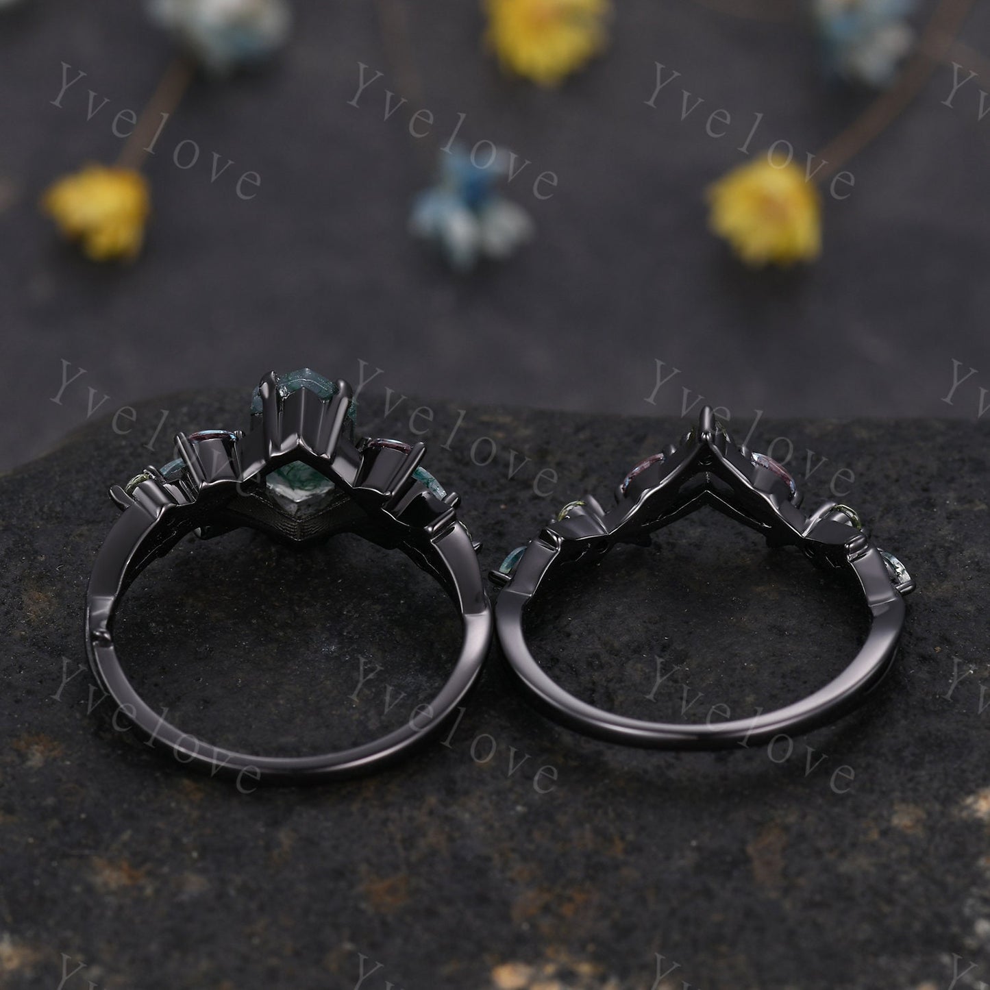 Vintage Hexagon Moss Agate Engagement Ring,Silver Black,Alexandrite Peridot Ring,Women Bridal Set,Unique Twig Anniversary Promise Ring Gift