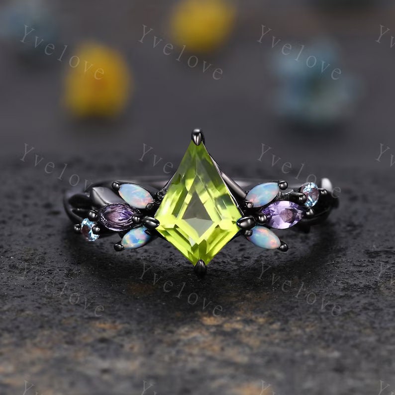 Vintage Kite Cut Green Peridot Engagement Ring Set,Black Gold,Vines Amethyst Opal Ring,Women Bridal Set,Unique Anniversary Promise Ring Gift