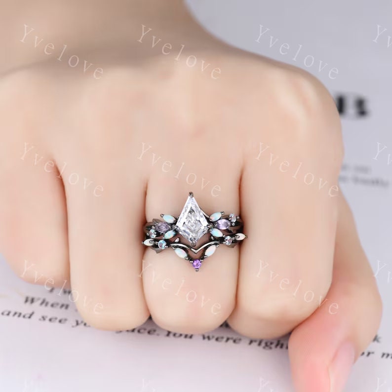 Vintage Kite Moissanite Engagement Ring Set,Black Gold,Vines Amethyst Opal Ring,Women Bridal Set,Unique Twig Anniversary Promise Ring Gift