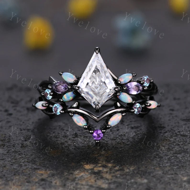Vintage Kite Moissanite Engagement Ring Set,Black Gold,Vines Amethyst Opal Ring,Women Bridal Set,Unique Twig Anniversary Promise Ring Gift