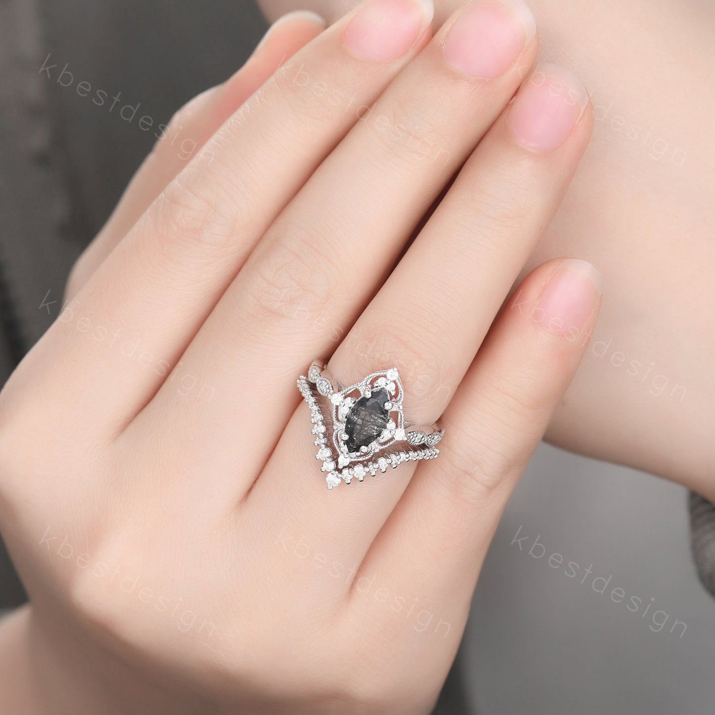 Vintage black rutilated quartz engagement ring silver art deco curved stacking band marquise cut bridal set unique moissanite wedding set