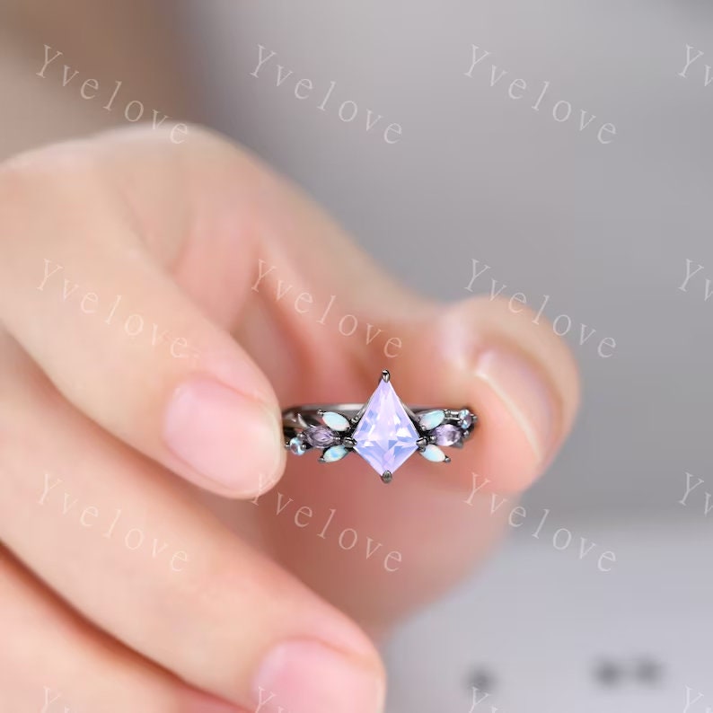 Vintage Kite Cut Lavender Amethyst Engagement Ring Set,Black Gold,Vines Opal Ring,Women Bridal Set,Unique Anniversary Promise Ring Gift