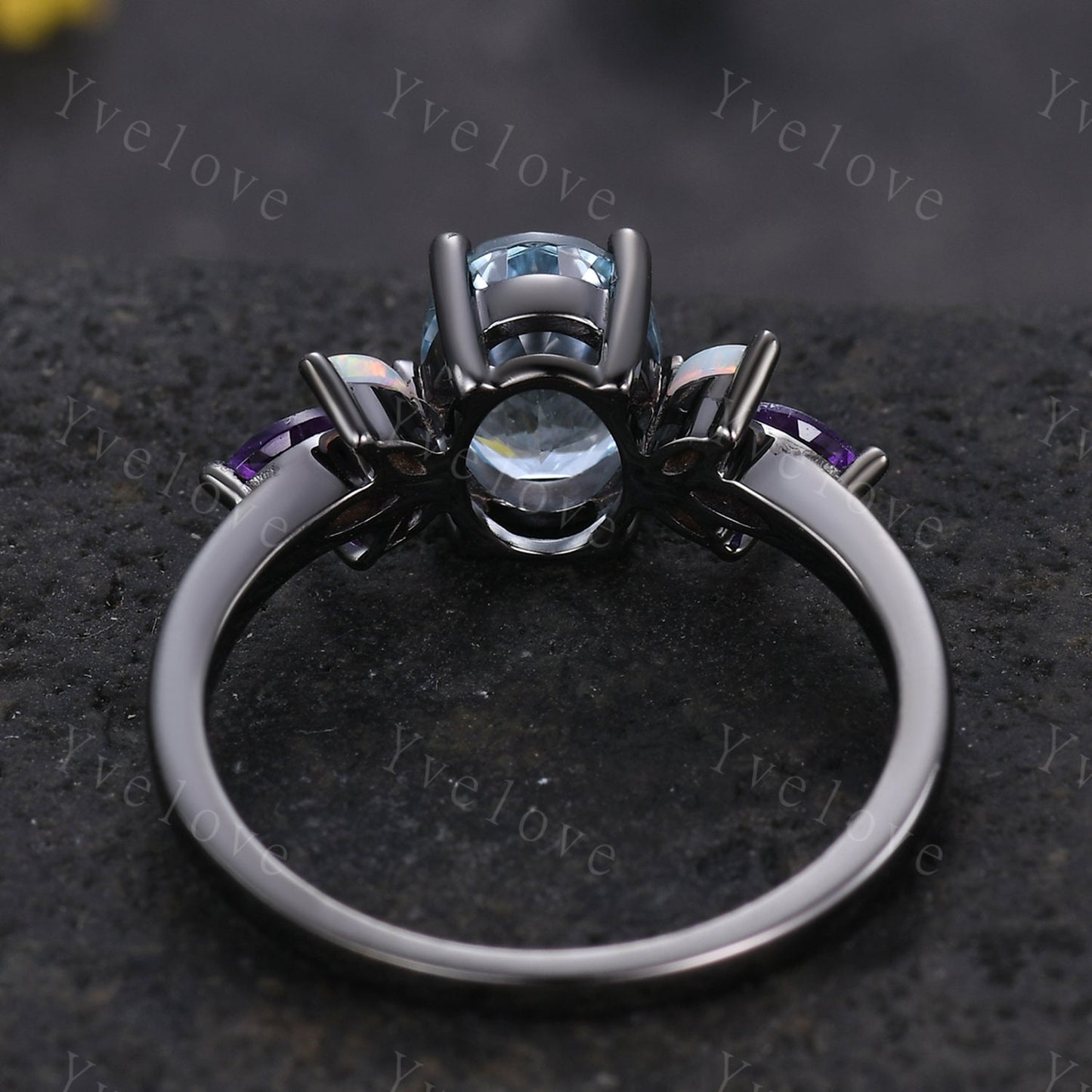 Vintage Blue Aquamarine Engagement Ring Black Gold Oval Cut Gem Bridal Ring Art deco Amethyst Opal stacking band women promise birthday gift
