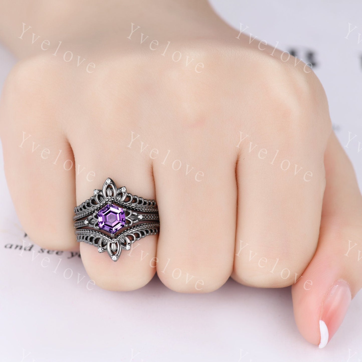 Vintage Hexagon Cut Amethyst Engagement Ring Set Silver Black Unique Bridal Set,Diamond Ring Dark Promise Wedding Set,Celtic Enhancer Band
