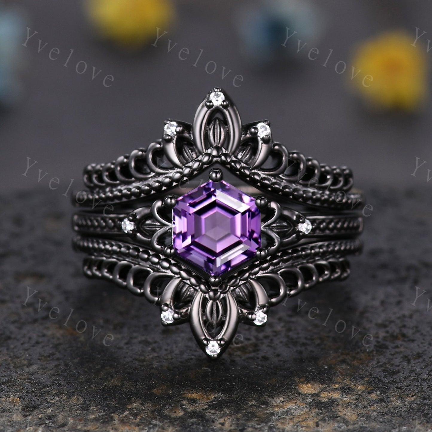 Vintage Hexagon Cut Amethyst Engagement Ring Set Silver Black Unique Bridal Set,Diamond Ring Dark Promise Wedding Set,Celtic Enhancer Band