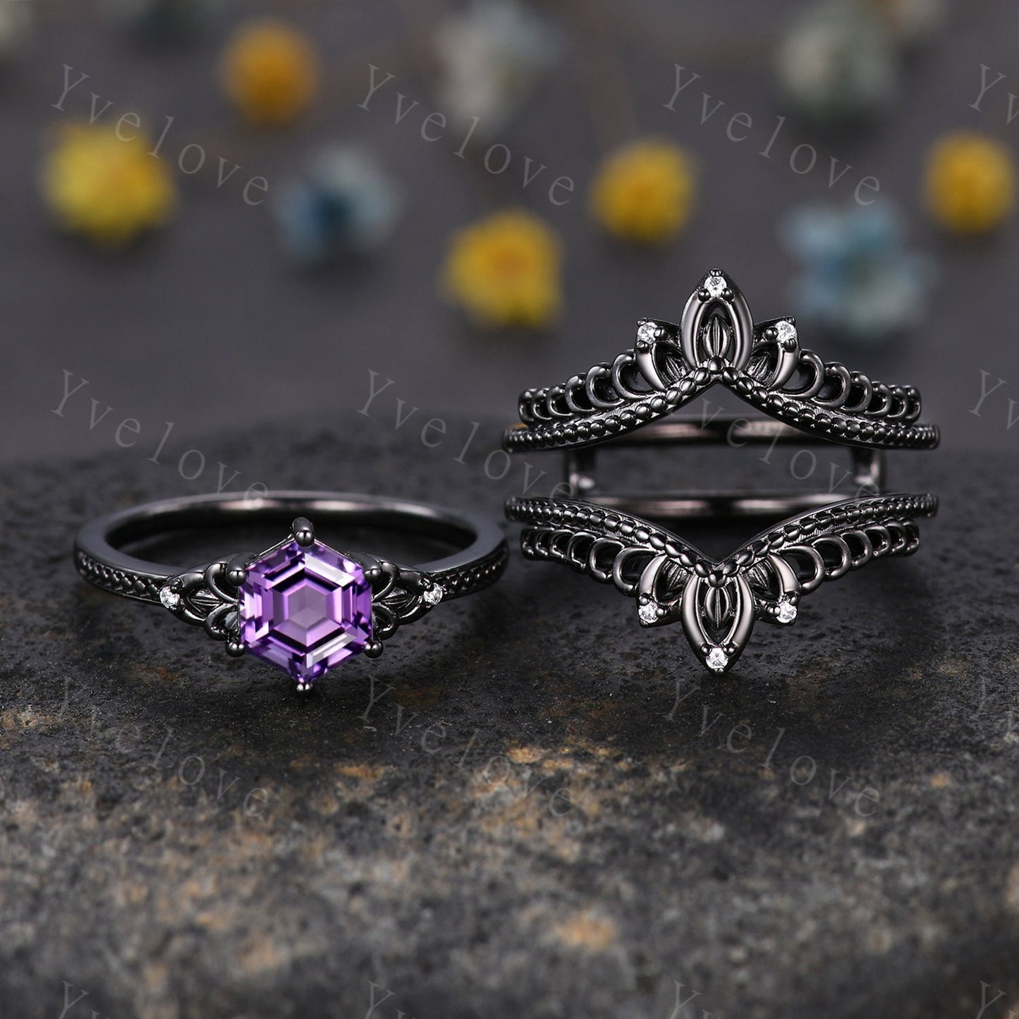 Vintage Hexagon Cut Amethyst Engagement Ring Set Silver Black Unique Bridal Set,Diamond Ring Dark Promise Wedding Set,Celtic Enhancer Band