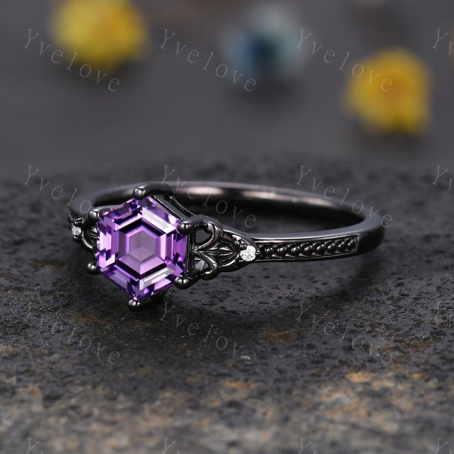 Hexagon Cut Amethyst Engagement Ring Vintage Black Gold Ring Unique black wedding band,Diamond Ring Anniversary Gift,Celtic Gothic Ring