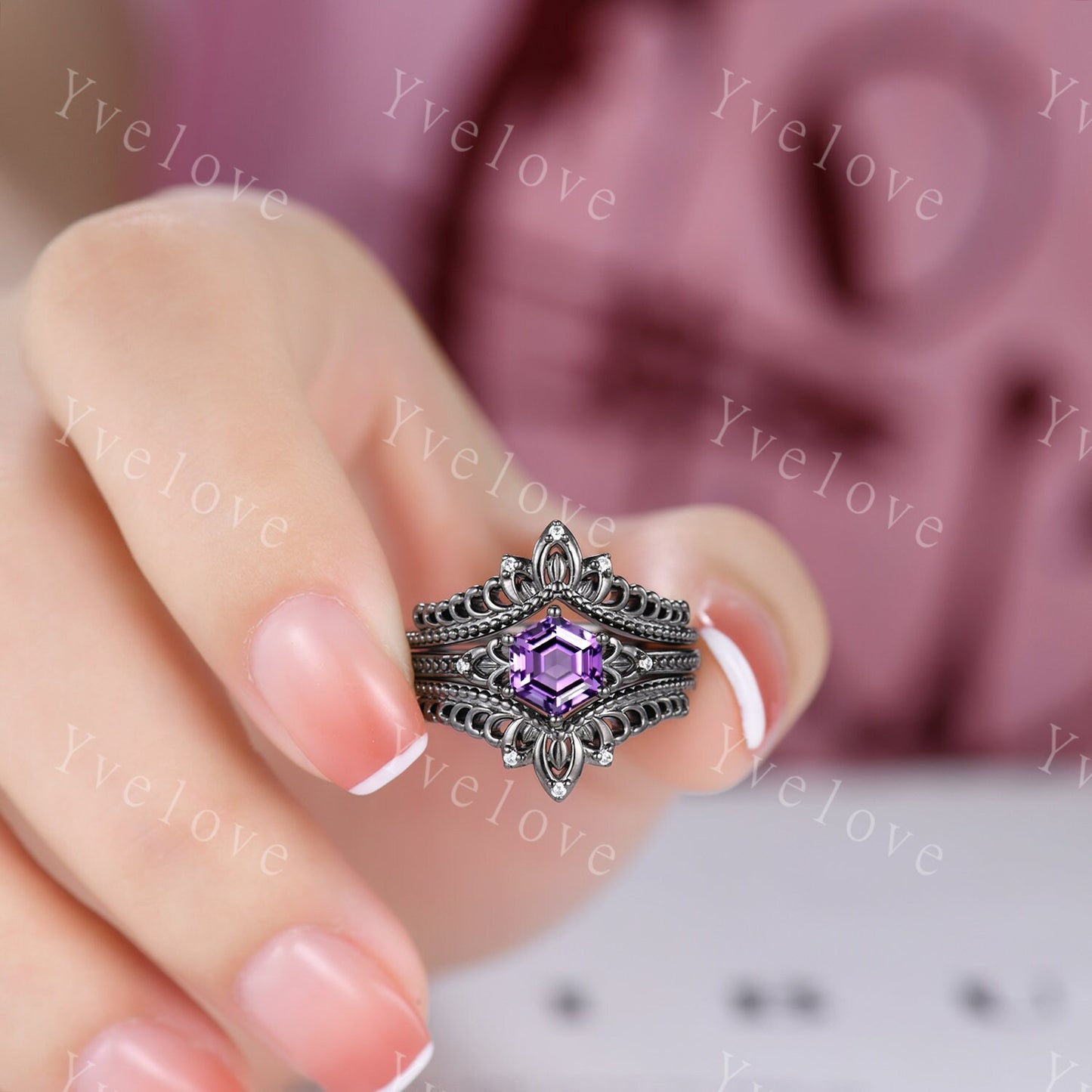 Hexagon Cut Amethyst Engagement Ring Vintage Black Gold Ring Unique black wedding band,Diamond Ring Anniversary Gift,Celtic Gothic Ring