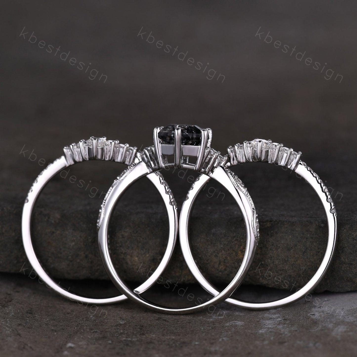 3pcs hexagon cut black rutilated quartz engagement ring silver art deco moissanite ring women stacking matching band unique wedding ring set