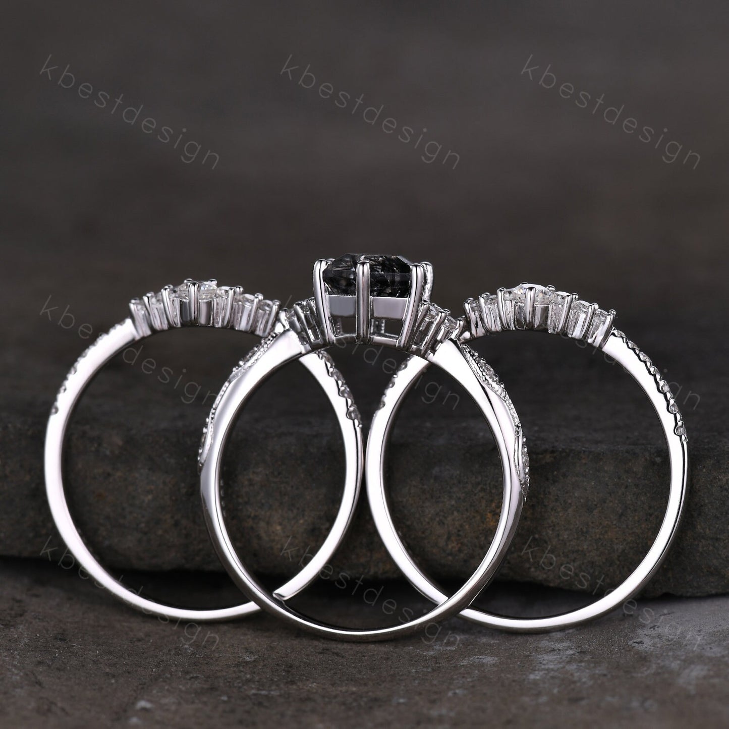 3pcs hexagon cut black rutilated quartz engagement ring silver art deco moissanite ring women stacking matching band unique wedding ring set