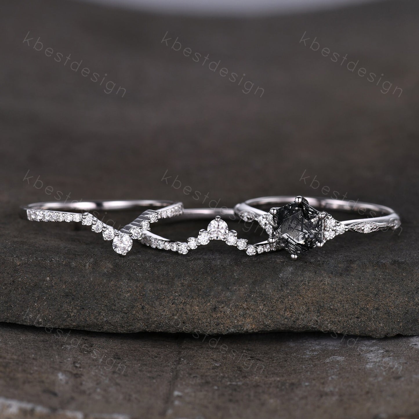 3pcs hexagon cut black rutilated quartz engagement ring silver art deco moissanite ring women stacking matching band unique wedding ring set