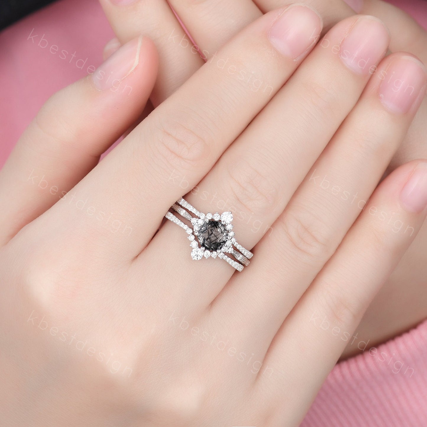 3pcs hexagon cut black rutilated quartz engagement ring silver art deco moissanite ring women stacking matching band unique wedding ring set