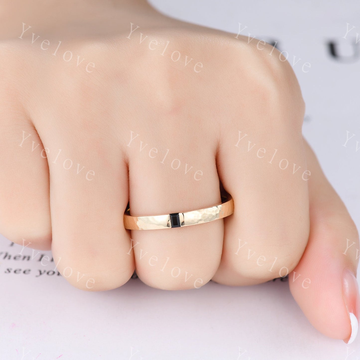 3mm Mens Baguette Black Onyx Wedding Band Natural Onyx Band Solid Gold Ring Men Hammered Stacking Matching Band Vintage Ring Bridegroom Gift