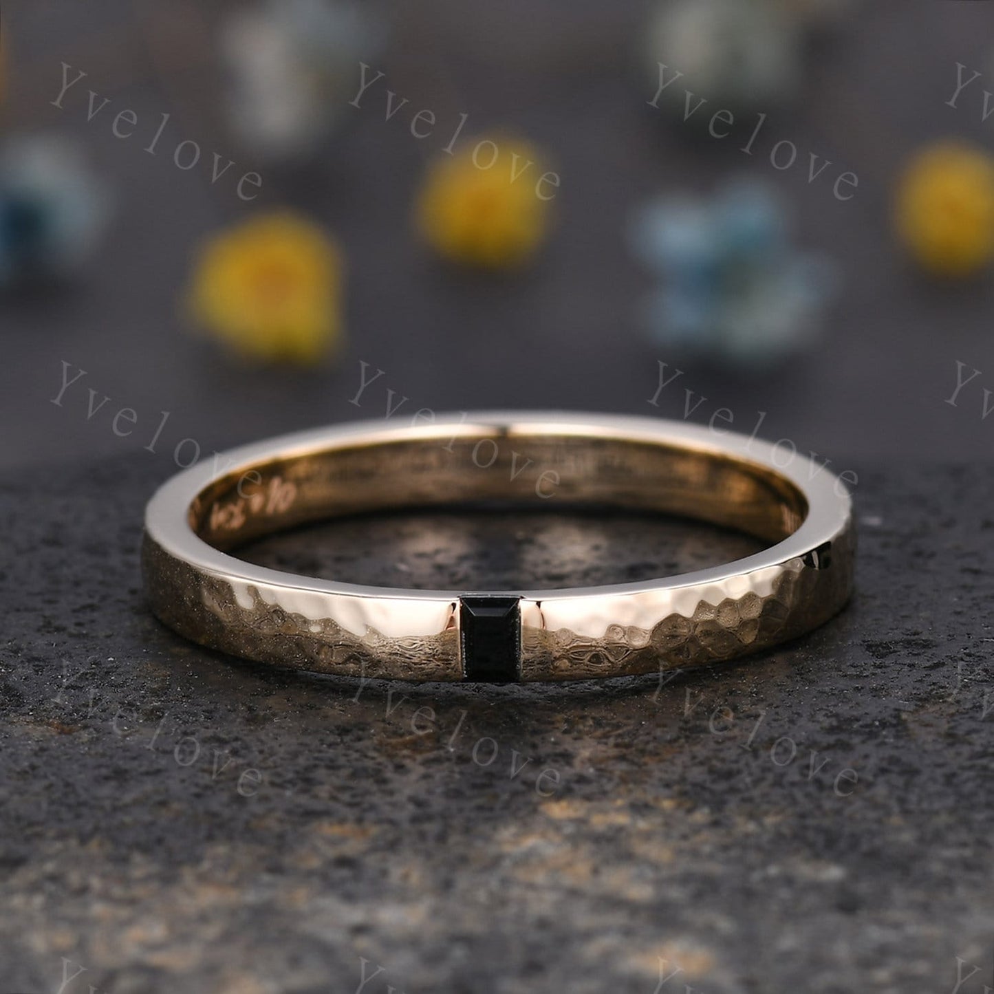 3mm Mens Baguette Black Onyx Wedding Band Natural Onyx Band White Gold Ring Men Hammered Stacking Matching Band Vintage Ring Bridegroom Gift