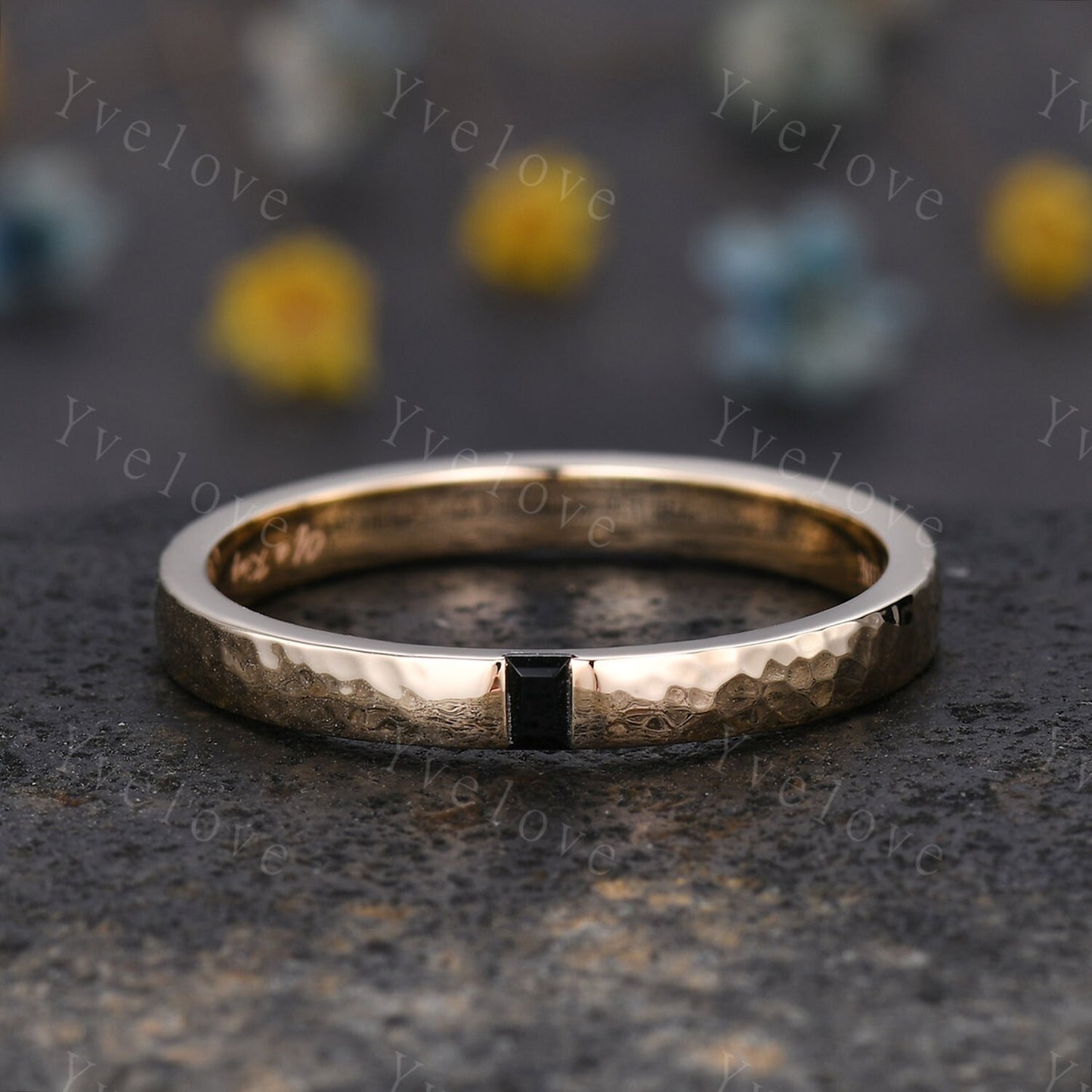 3mm Mens Baguette Black Onyx Wedding Band Natural Onyx Band Solid Gold Ring Men Hammered Stacking Matching Band Vintage Ring Bridegroom Gift