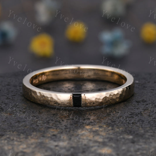 3mm Mens Baguette Black Onyx Wedding Band Natural Onyx Band Solid Gold Ring Men Hammered Stacking Matching Band Vintage Ring Bridegroom Gift