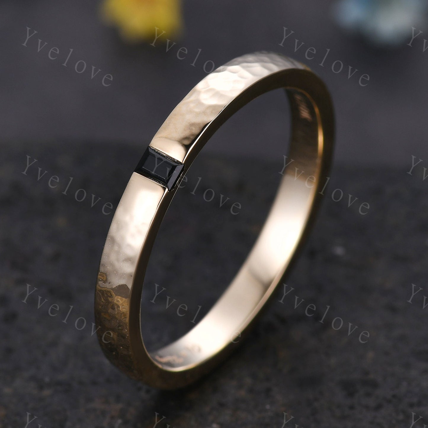 3mm Mens Baguette Black Onyx Wedding Band Natural Onyx Band White Gold Ring Men Hammered Stacking Matching Band Vintage Ring Bridegroom Gift