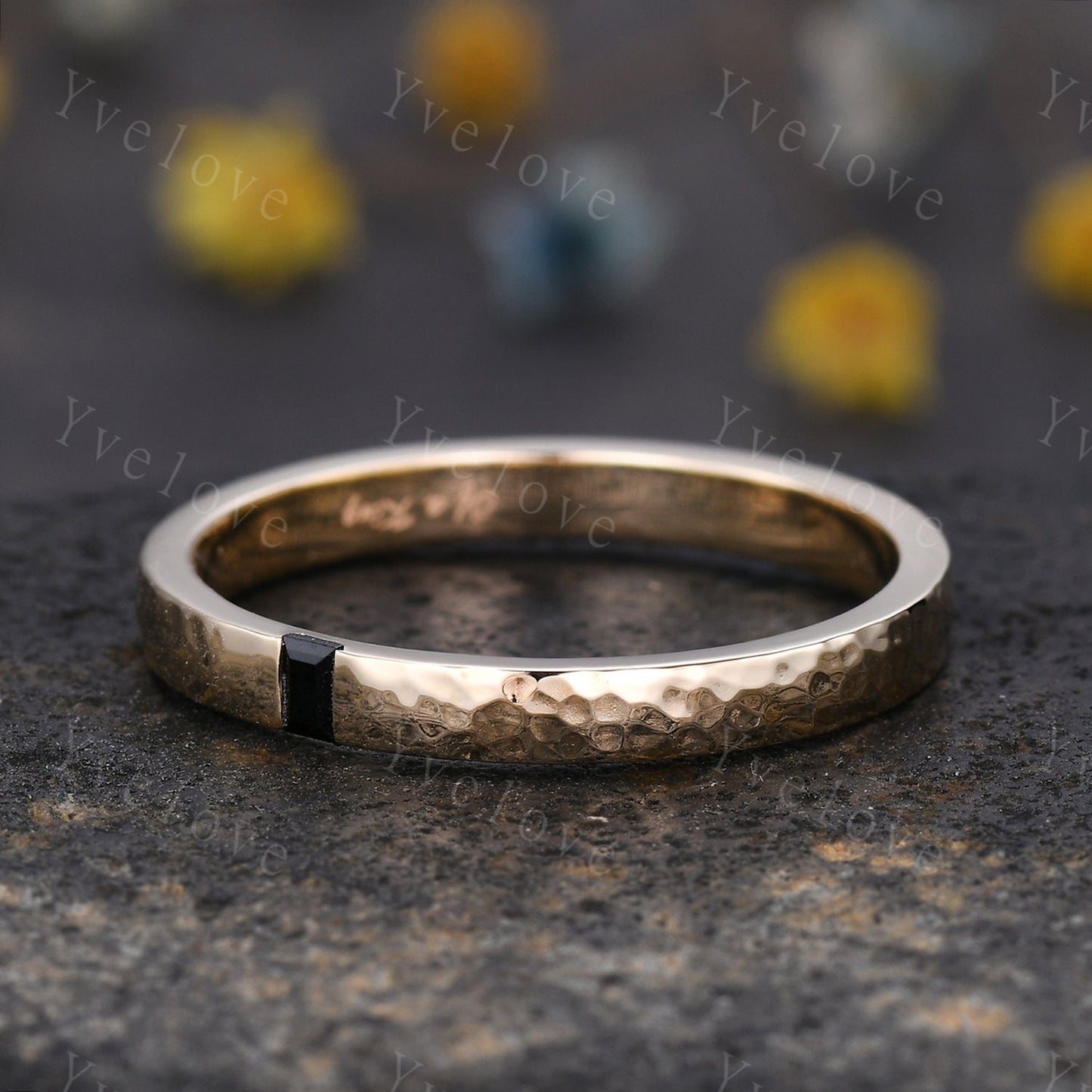 3mm Mens Baguette Black Onyx Wedding Band Natural Onyx Band Solid Gold Ring Men Hammered Stacking Matching Band Vintage Ring Bridegroom Gift