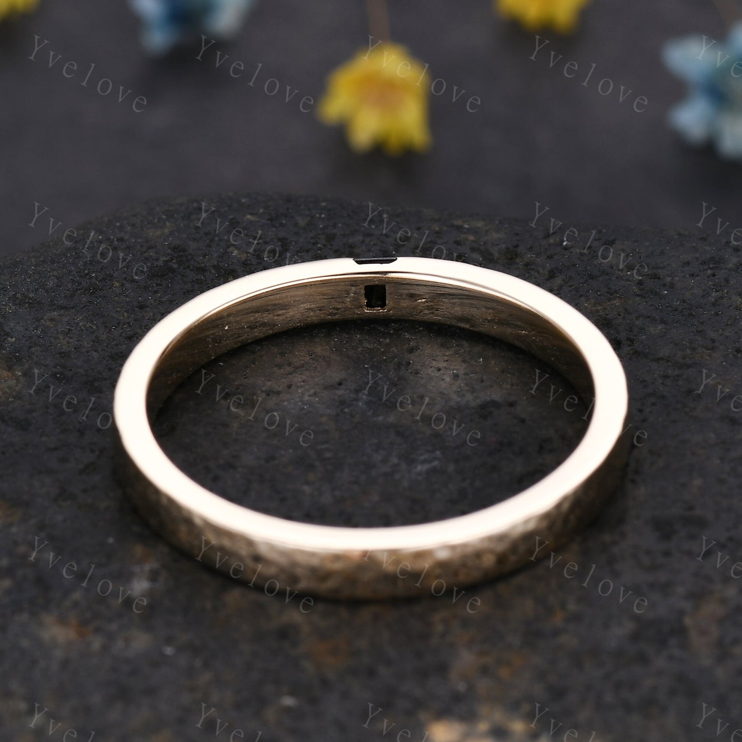3mm Mens Baguette Black Onyx Wedding Band Natural Onyx Band Solid Gold Ring Men Hammered Stacking Matching Band Vintage Ring Bridegroom Gift