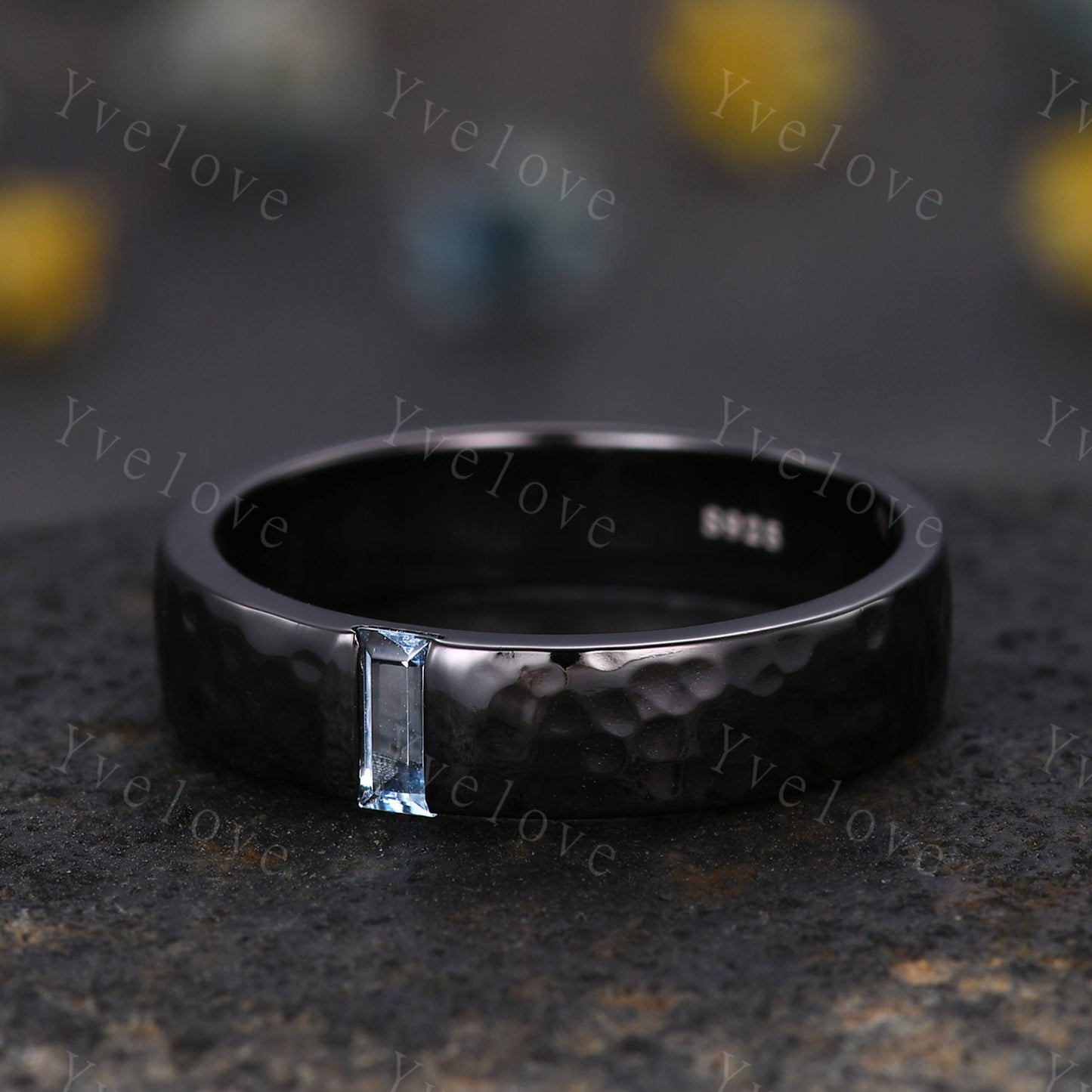 Mens Baguette Aquamarine Band Blue Aquamarine Wedding Band 5mm Black Gold Ring Mens Hammered Stacking Matching Band Retro Vintage Ring Gift