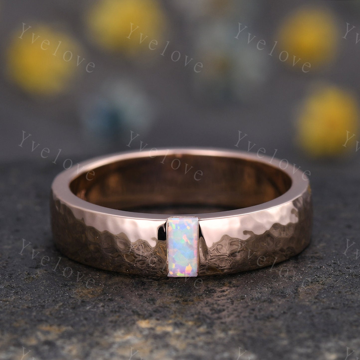 Mens White Fire Opal Wedding Band Baguette Cut Opal Band 5mm Yellow Gold Ring Mens Hammered Stacking Matching Band Retro Vintage Ring Gift