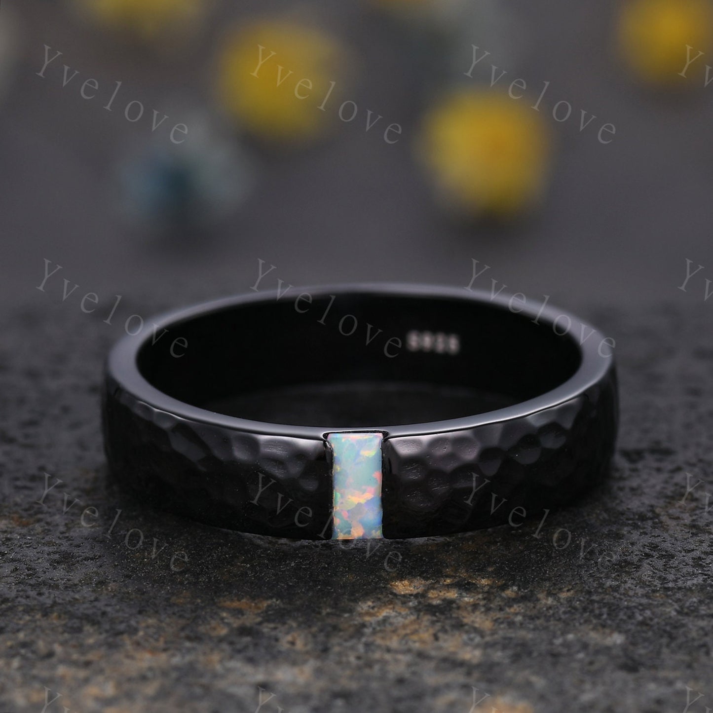 Mens White Fire Opal Wedding Band Baguette Cut Opal Band 5mm Black Silver Ring Mens Hammered Stacking Matching Band Retro Vintage Ring Gift