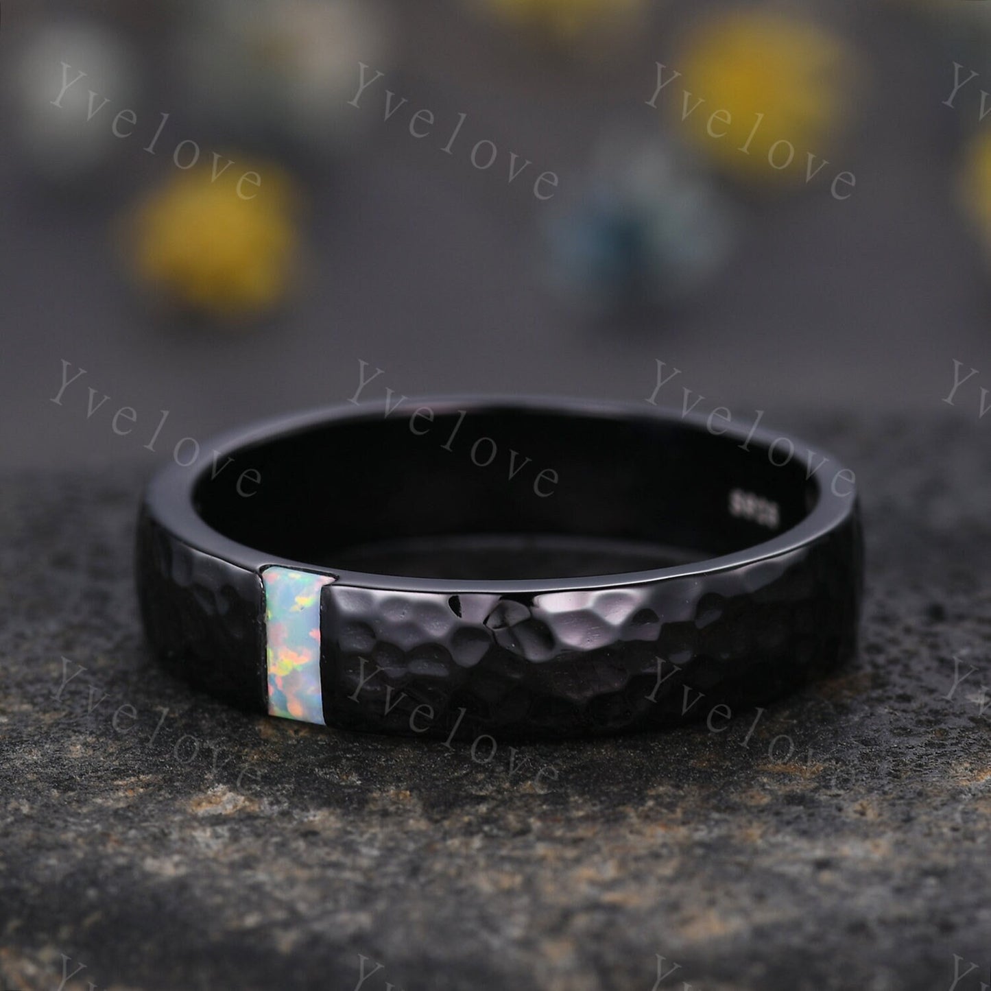 Mens White Fire Opal Wedding Band Baguette Cut Opal Band 5mm Black Silver Ring Mens Hammered Stacking Matching Band Retro Vintage Ring Gift