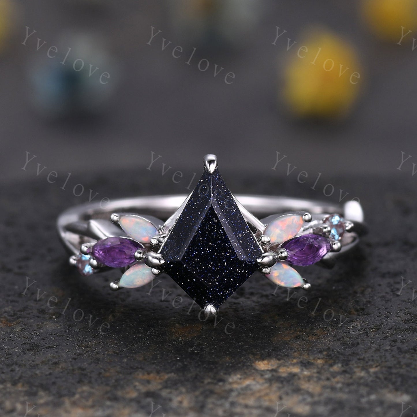 Vintage Kite Sandstone Engagement Ring Set,White Gold,Vines Amethyst Opal Ring,Women Bridal Set,Unique Twig Anniversary Promise Ring Gift
