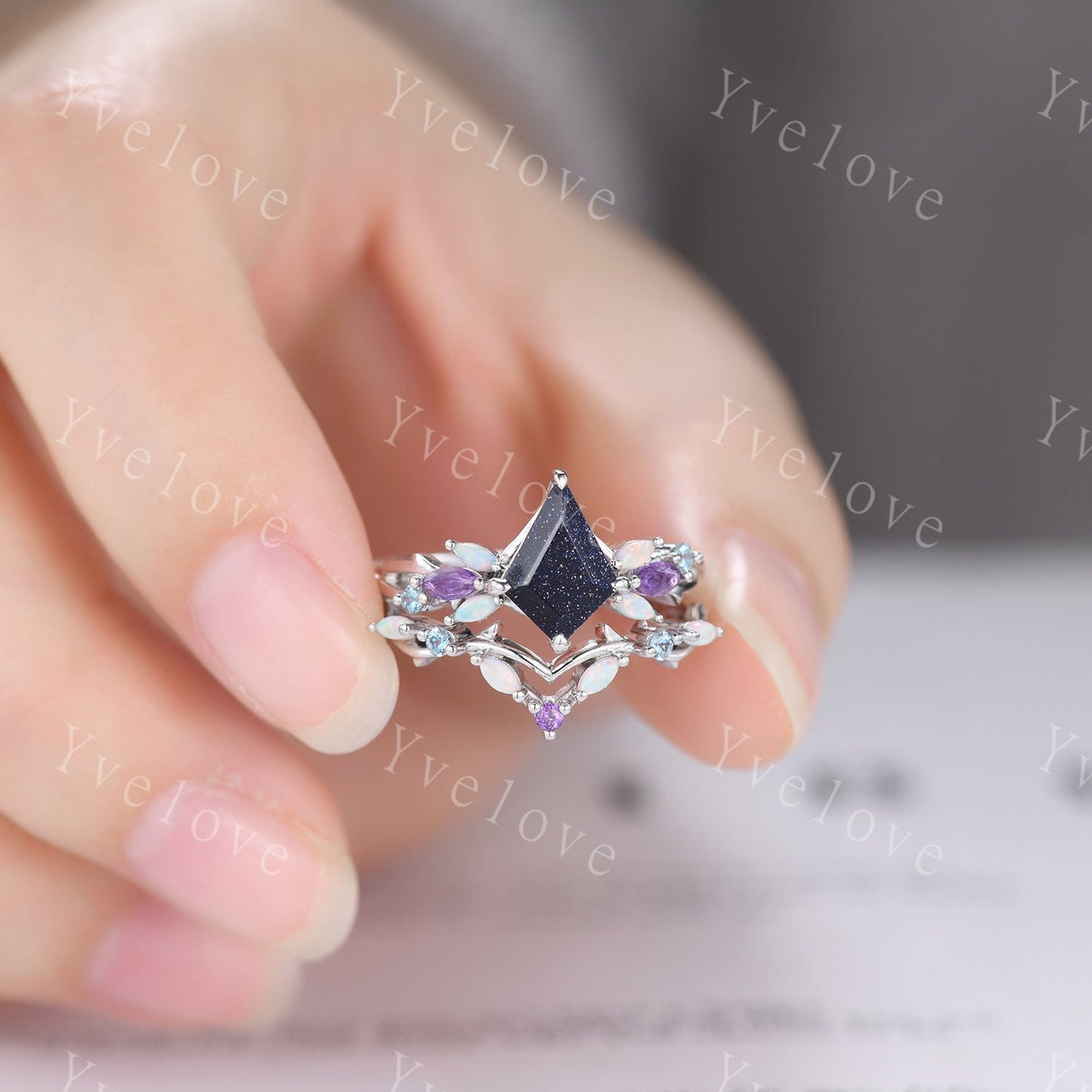 Vintage Kite Sandstone Engagement Ring Set,White Gold,Vines Amethyst Opal Ring,Women Bridal Set,Unique Twig Anniversary Promise Ring Gift