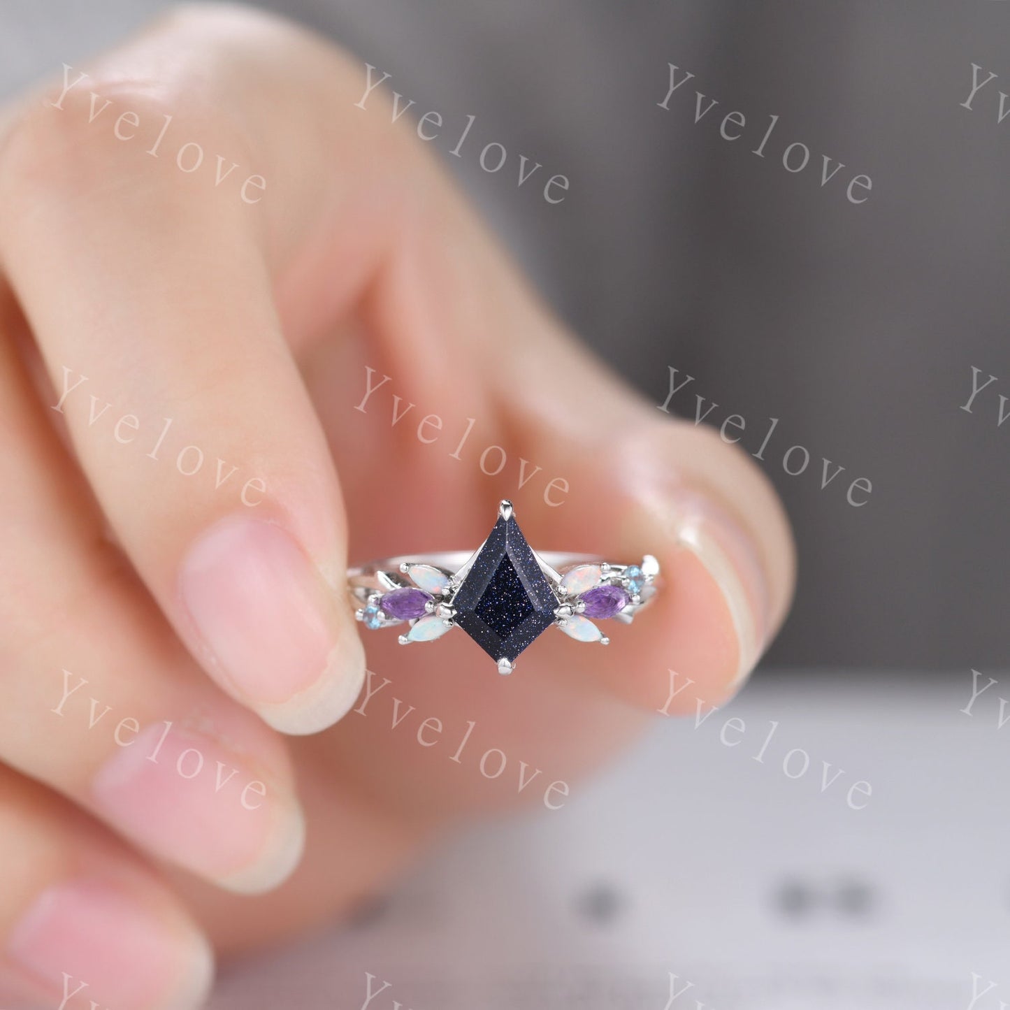 Vintage Kite Sandstone Engagement Ring Set,White Gold,Vines Amethyst Opal Ring,Women Bridal Set,Unique Twig Anniversary Promise Ring Gift