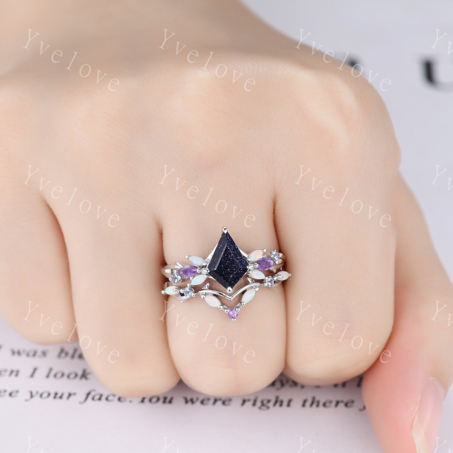 Vintage Kite Sandstone Engagement Ring Set,White Gold,Vines Amethyst Opal Ring,Women Bridal Set,Unique Twig Anniversary Promise Ring Gift