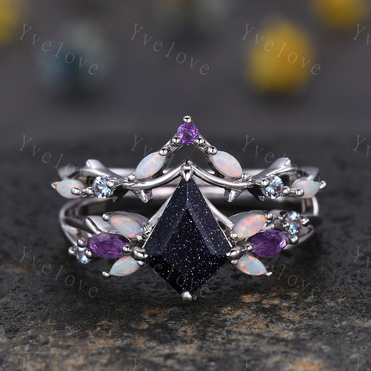 Vintage Kite Sandstone Engagement Ring Set,White Gold,Vines Amethyst Opal Ring,Women Bridal Set,Unique Twig Anniversary Promise Ring Gift