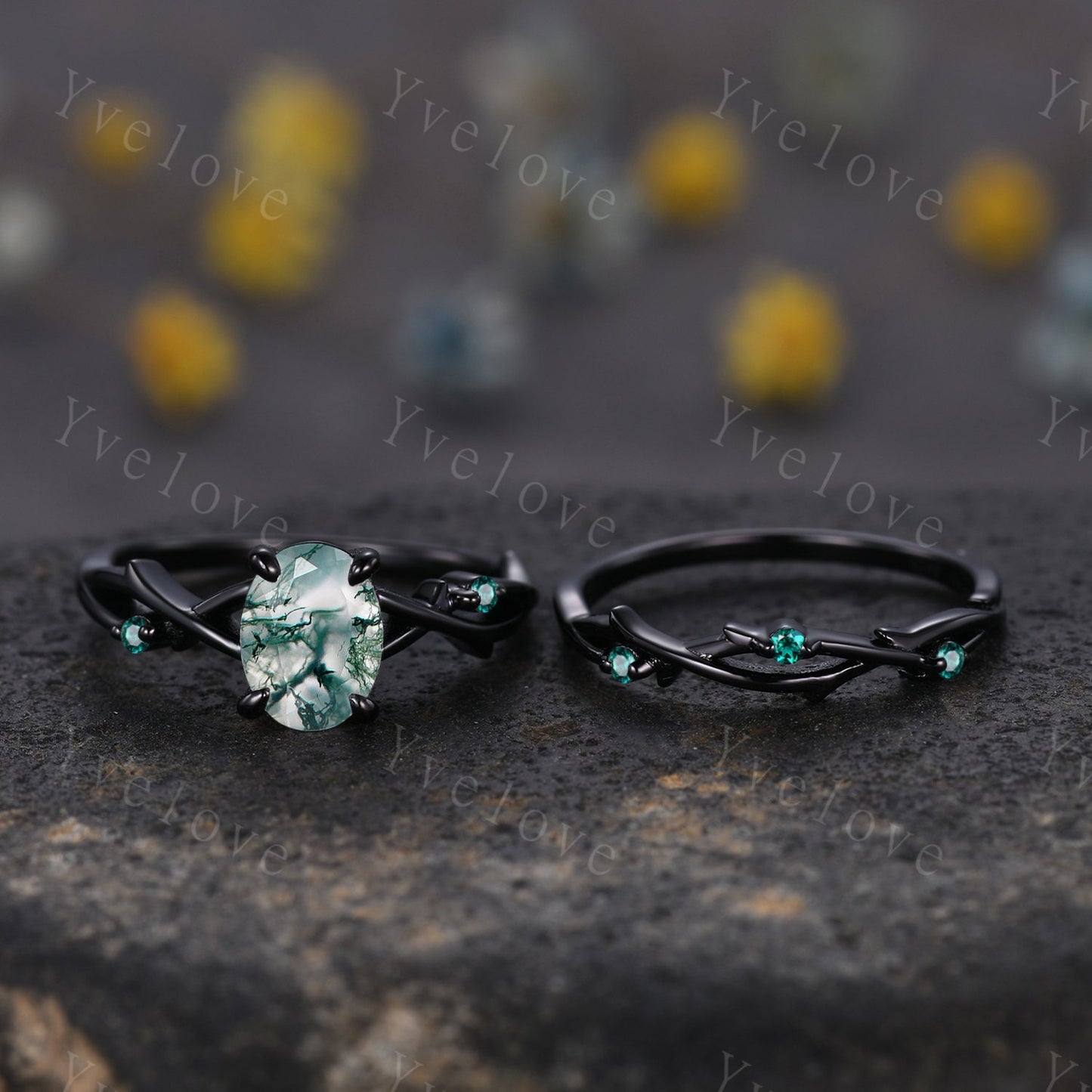 Unique Twig Oval Moss Agate Engagement Ring Set,Vintage Leaf Emerald Ring,Black Gold Branch Ring,Art Deco Promise Bridal Wedding Ring Set