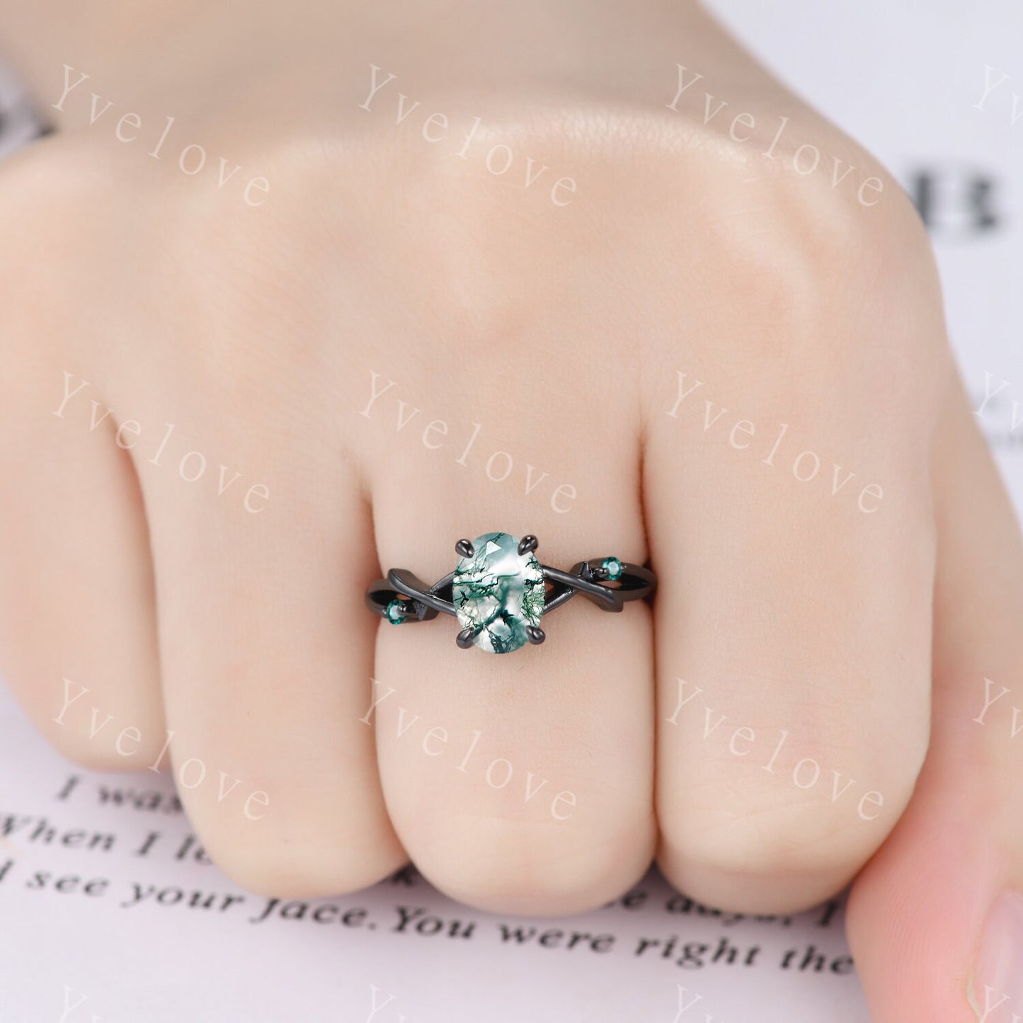 Unique Twig Oval Moss Agate Engagement Ring Set,Vintage Leaf Emerald Ring,Black Gold Branch Ring,Art Deco Promise Bridal Wedding Ring Set