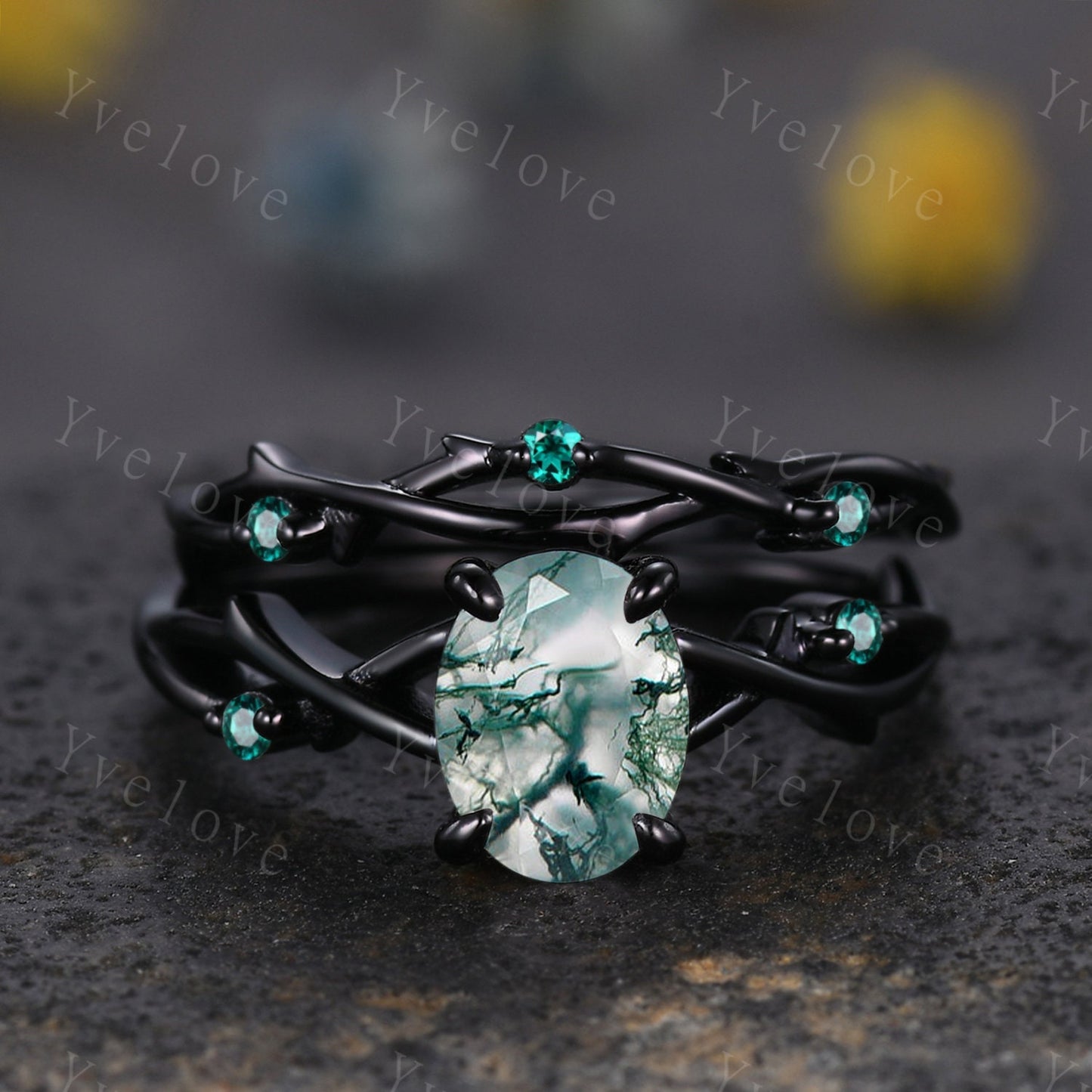 Unique Twig Oval Moss Agate Engagement Ring Set,Vintage Leaf Emerald Ring,Black Gold Branch Ring,Art Deco Promise Bridal Wedding Ring Set