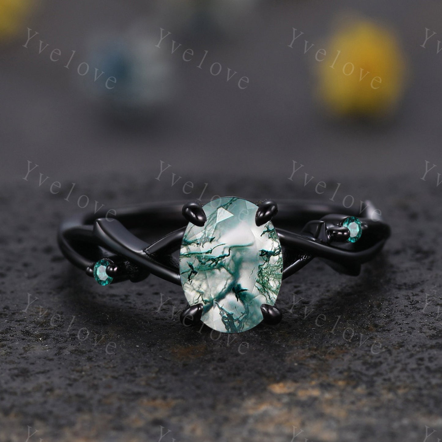 Unique Twig Oval Moss Agate Engagement Ring Set,Vintage Leaf Emerald Ring,Black Gold Branch Ring,Art Deco Promise Bridal Wedding Ring Set