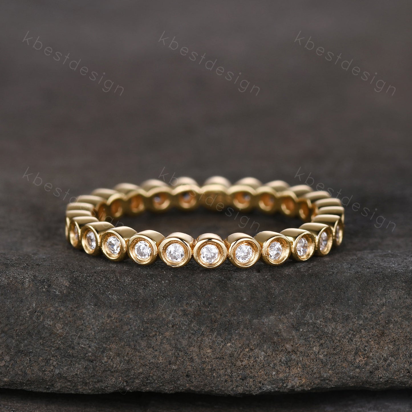 1.5mm round cut Moissanite wedding band yellow gold bezel set wedding band unique stacking matching band colorless moissanite ring for her