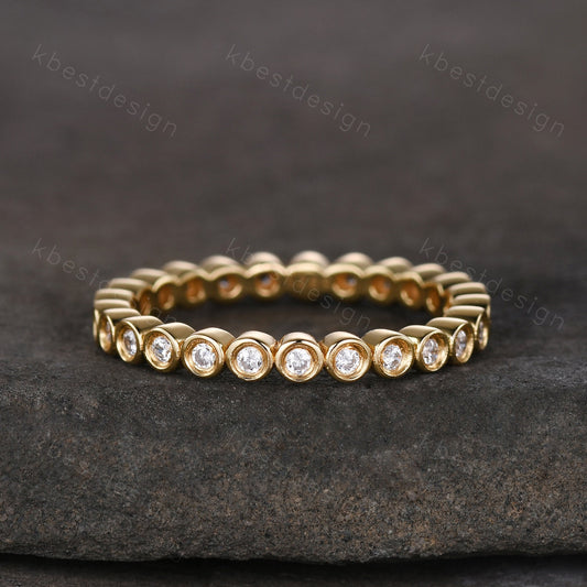 1.5mm round cut Moissanite wedding band yellow gold bezel set wedding band unique stacking matching band colorless moissanite ring for her