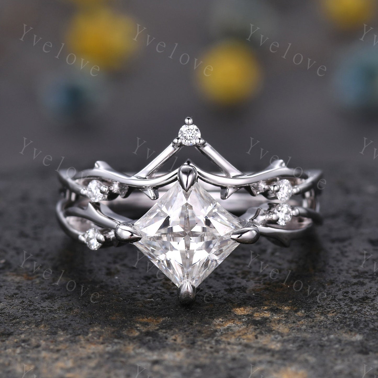 Vintage Princess Cut Moissanite Engagement Ring Set,Twisted Ring,Leaf Vines Diamond Bridal Set,Branch Ring,Dainty Twig Ring Gift  Platinum