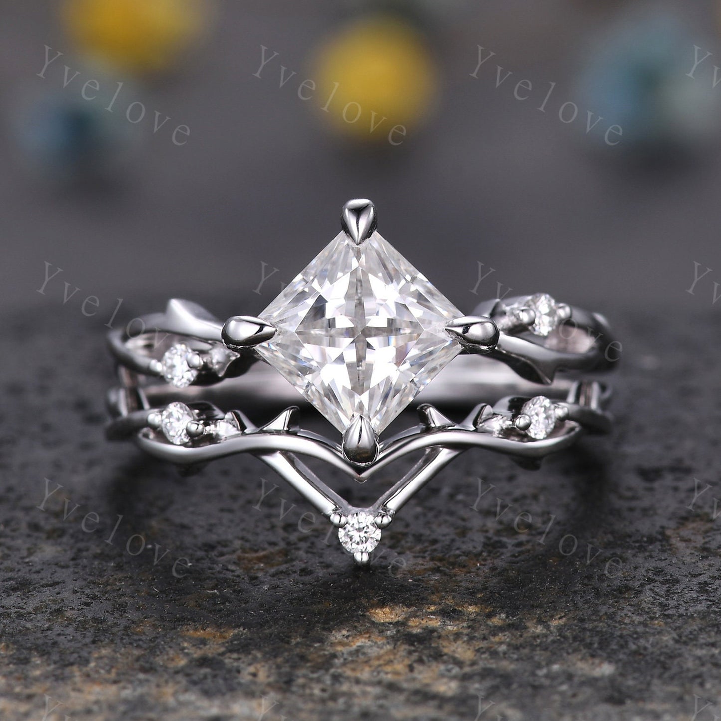 Vintage Princess Cut Moissanite Engagement Ring Set,Twisted Ring,Leaf Vines Diamond Bridal Set,Branch Ring,Dainty Twig Ring Gift  Platinum