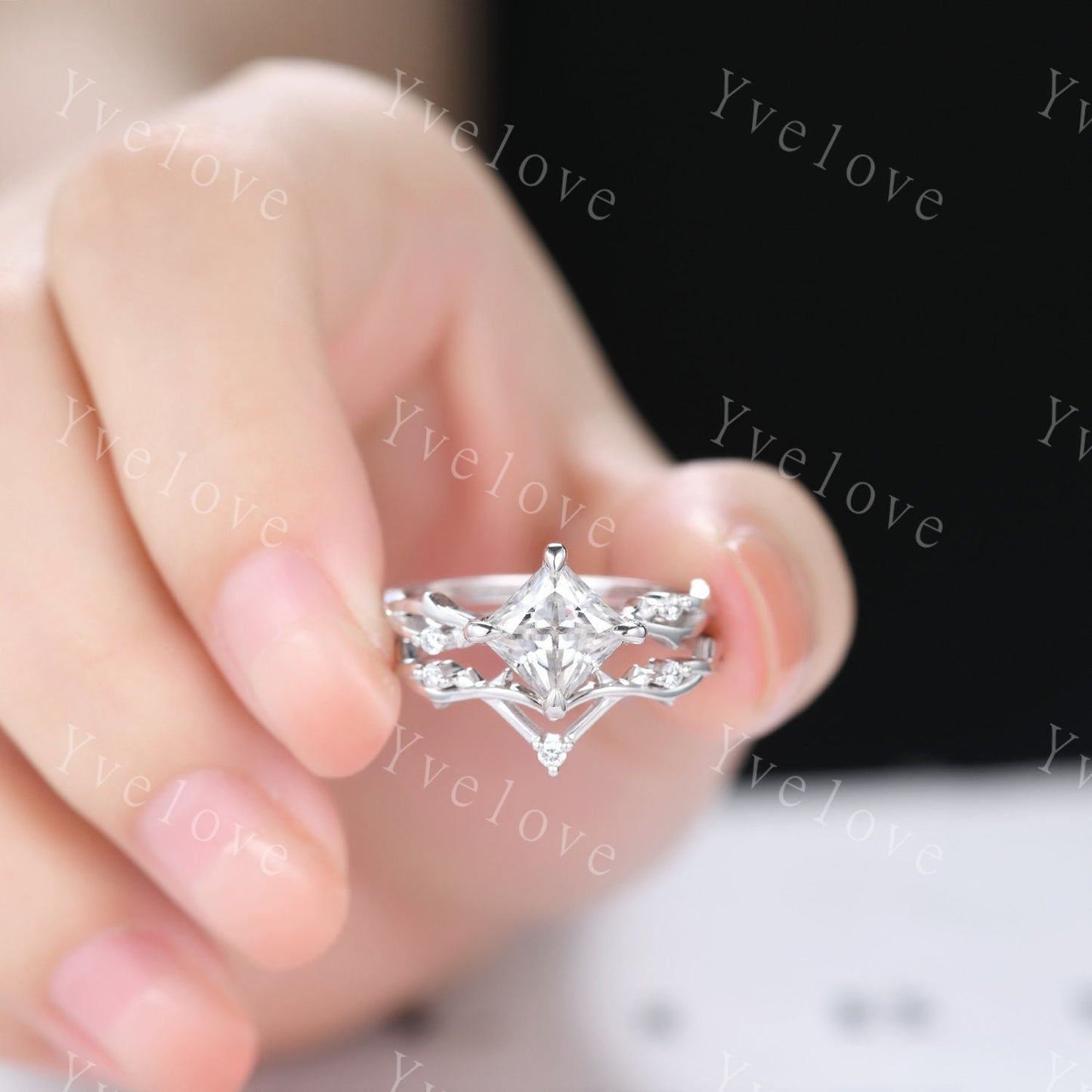 Vintage Princess Cut Moissanite Engagement Ring Set,Twisted Ring,Leaf Vines Diamond Bridal Set,Branch Ring,Dainty Twig Ring Gift  Platinum