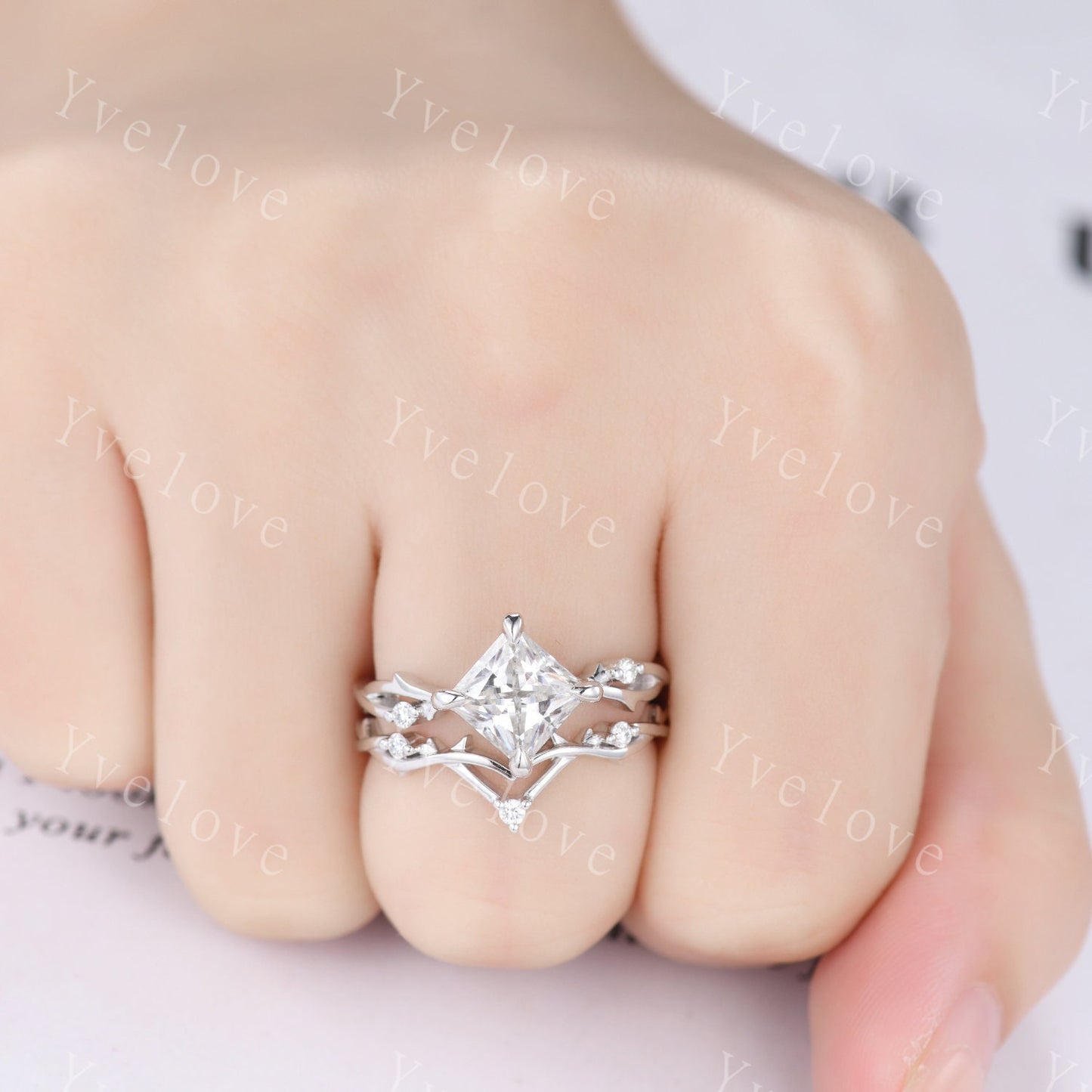 Vintage Princess Cut Moissanite Engagement Ring Set,Twisted Ring,Leaf Vines Diamond Bridal Set,Branch Ring,Dainty Twig Ring Gift  Platinum