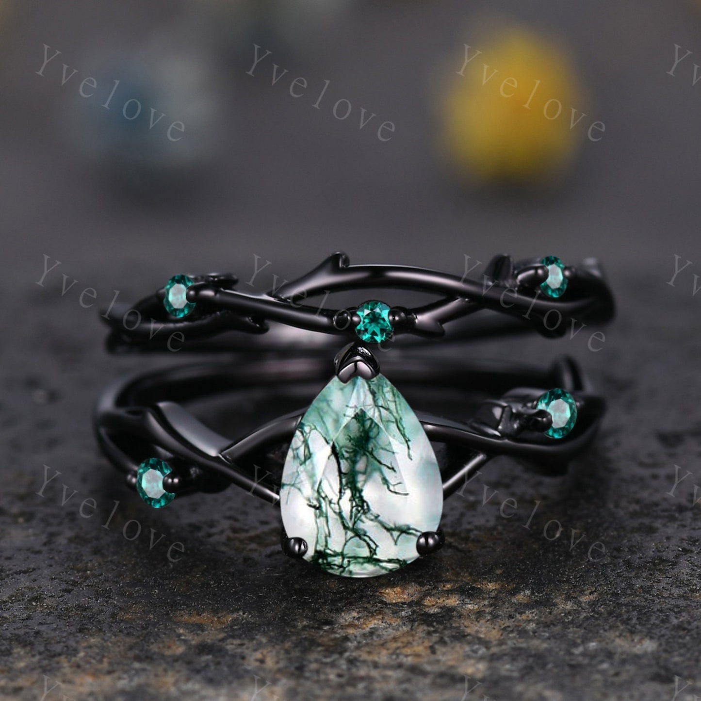 Unique Twig Pear Moss Agate Engagement Ring Set,Vintage Leaf Emerald Ring,Black Gold Branch Ring,Art Deco Promise Bridal Wedding Ring Set