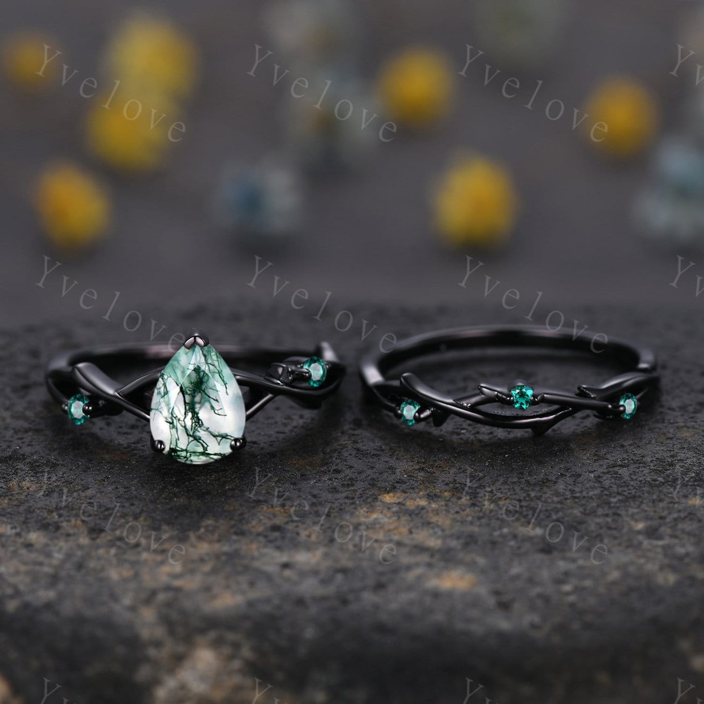 Unique Twig Pear Moss Agate Engagement Ring Set,Vintage Leaf Emerald Ring,Black Gold Branch Ring,Art Deco Promise Bridal Wedding Ring Set