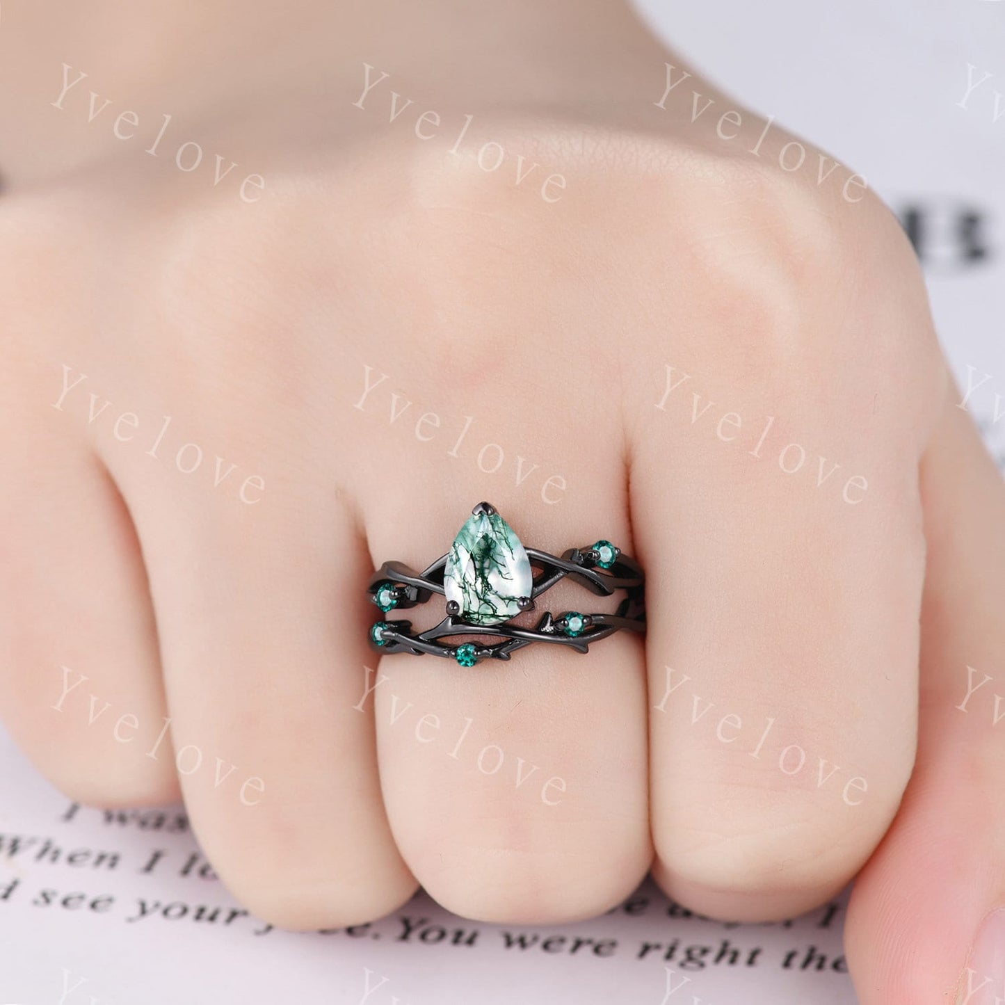 Unique Twig Pear Moss Agate Engagement Ring Set,Vintage Leaf Emerald Ring,Black Gold Branch Ring,Art Deco Promise Bridal Wedding Ring Set